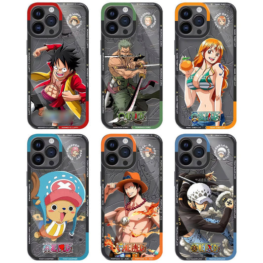 One Piece Anime Character Phone Case for iPhone, Luffy Zoro Nami Ace Chopper Law Shockproof Protective Cover, Colorful Frame Matte Transparent Phone Shell, Straw Hat Crew Anime Fan Gift