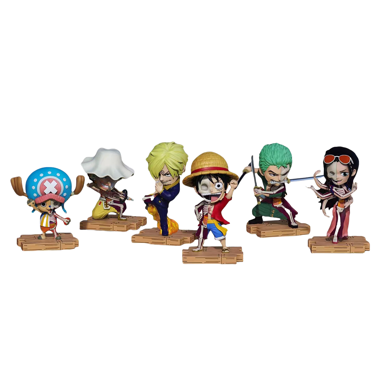 One Piece Half Skeleton Mini Figure Set, Straw Hat Pirates Luffy Zoro Sanji Nami Chopper Robin Usopp Franky Brook Anime Figurine, PVC Chibi Skeleton Model Toy, Desktop Decoration Collectible Gift for One Piece Fans