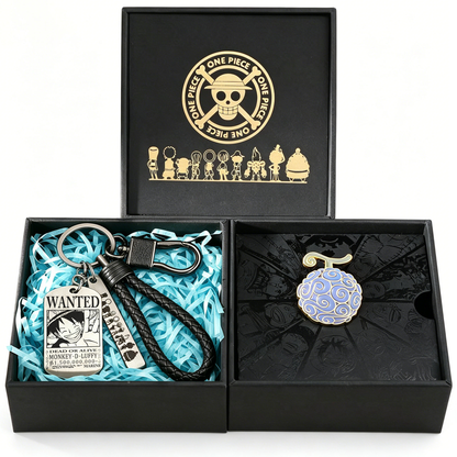 One Piece Monkey D Luffy Roronoa Zoro Portgas D Ace Trafalgar Law Gift Set, Anime Wanted Poster Keychain with Enamel Pin Brooch Collectible Box for Anime Fans