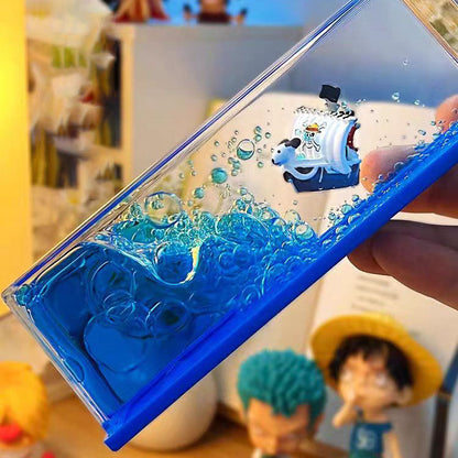 One Piece Thousand Sunny & Going Merry Ship Fluid Resin Desk Lamp, Anime Pirate Ship Drift Bottle Night Light, Wave Liquid Ship in Bottle Decor, USB Wooden LED Base Collectible Figurine, Gift for One Piece Fans