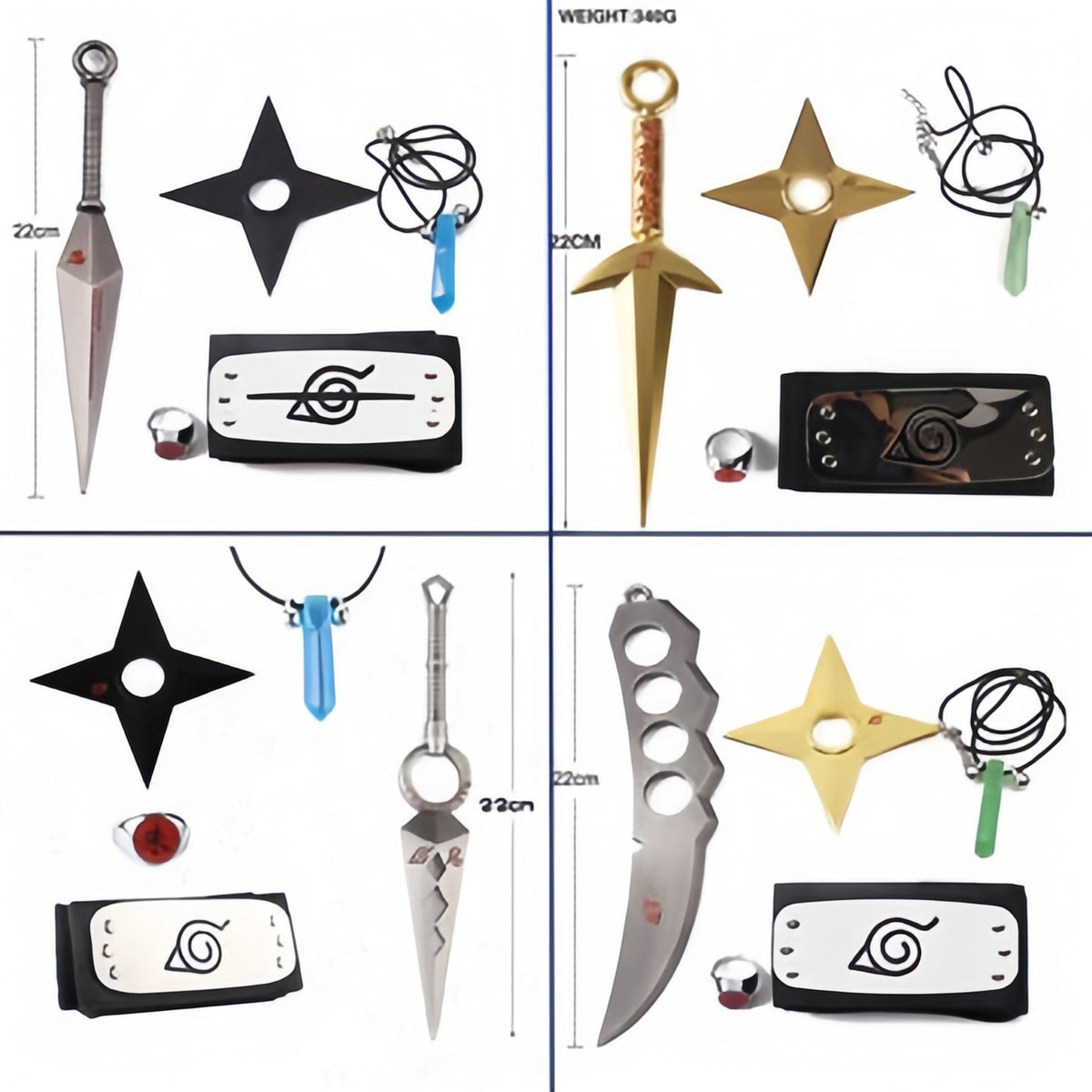 Naruto Cosplay Weapon Set, Metal Kunai Shuriken Headband Necklace Ring, Anime Naruto Prop Accessories Kit, Halloween Costume Cosplay Props, Collectible Gift for Naruto Fans