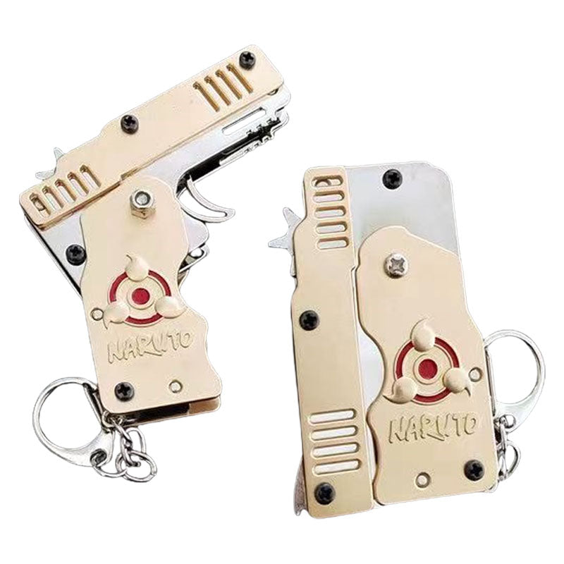 Naruto Anime Mini Rubber Band Gun Keychain, Metal Foldable Model Key Ring, Anime Collectible Ornament, Comes with Rubber Bands & Paper Target, Pocket Size Desk Display Decor Gift for Naruto Fans