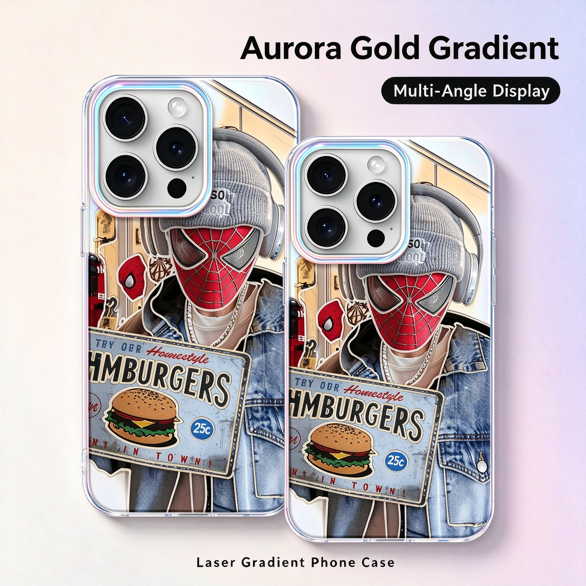 Laser Gradient iPhone Case, Streetwear Spider-Man Hamburger Pattern Clear Phone Cover, Aurora Rainbow Camera Frame Shockproof Soft Protective Case for All iPhone Models