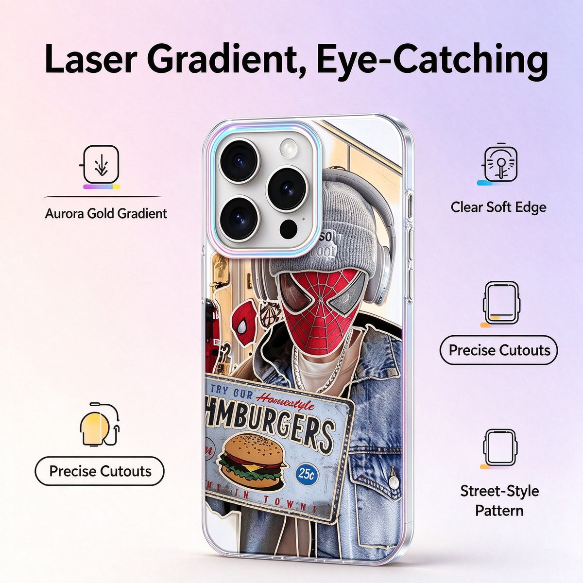 Laser Gradient iPhone Case, Streetwear Spider-Man Hamburger Pattern Clear Phone Cover, Aurora Rainbow Camera Frame Shockproof Soft Protective Case for All iPhone Models