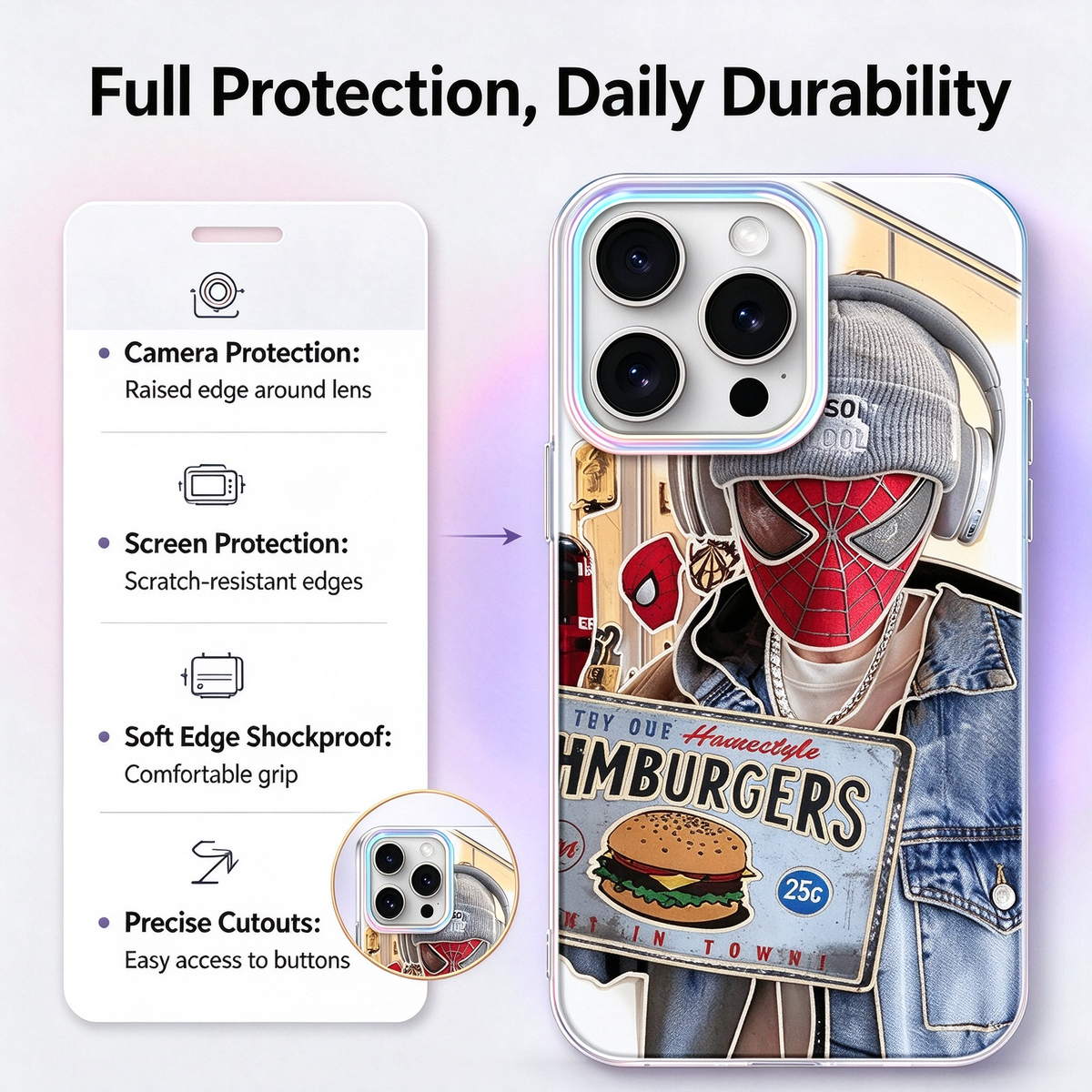 Laser Gradient iPhone Case, Streetwear Spider-Man Hamburger Pattern Clear Phone Cover, Aurora Rainbow Camera Frame Shockproof Soft Protective Case for All iPhone Models