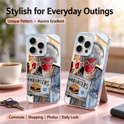 Laser Gradient iPhone Case, Streetwear Spider-Man Hamburger Pattern Clear Phone Cover, Aurora Rainbow Camera Frame Shockproof Soft Protective Case for All iPhone Models