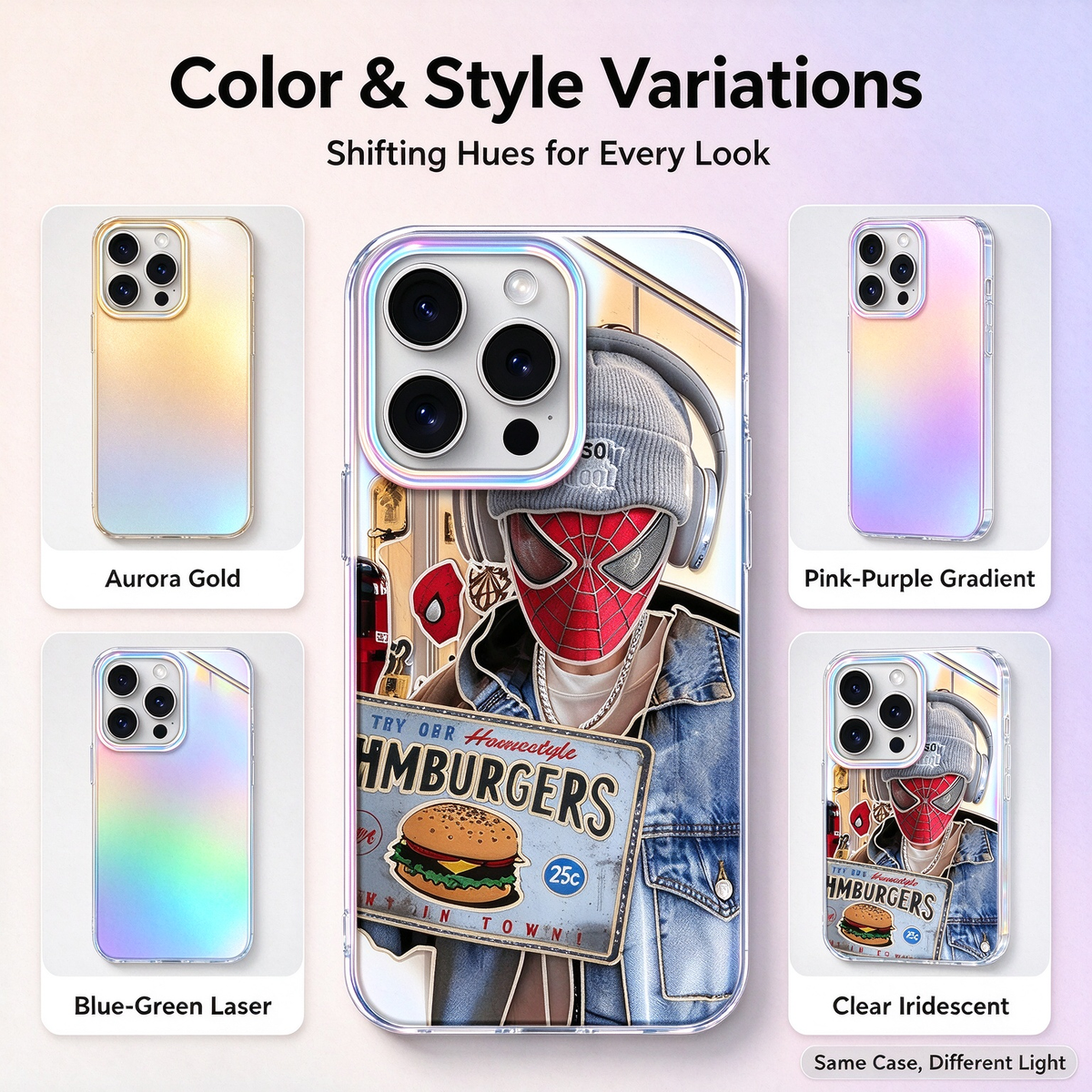 Laser Gradient iPhone Case, Streetwear Spider-Man Hamburger Pattern Clear Phone Cover, Aurora Rainbow Camera Frame Shockproof Soft Protective Case for All iPhone Models
