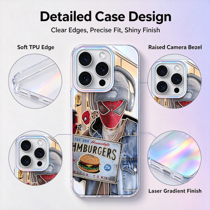 Laser Gradient iPhone Case, Streetwear Spider-Man Hamburger Pattern Clear Phone Cover, Aurora Rainbow Camera Frame Shockproof Soft Protective Case for All iPhone Models