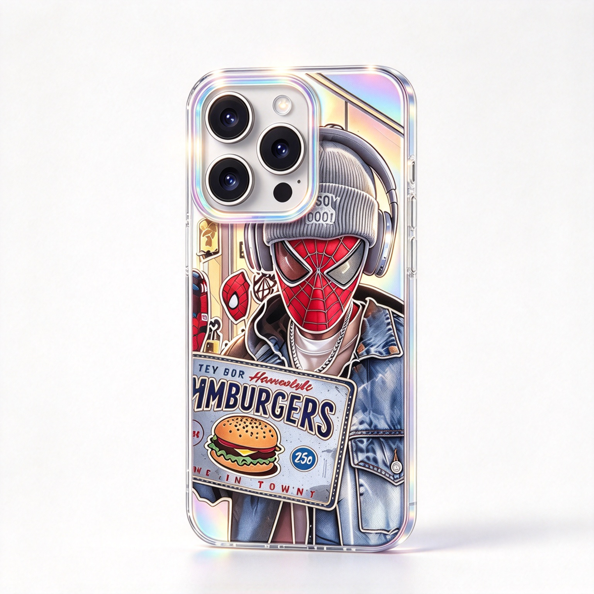 Laser Gradient iPhone Case, Streetwear Spider-Man Hamburger Pattern Clear Phone Cover, Aurora Rainbow Camera Frame Shockproof Soft Protective Case for All iPhone Models
