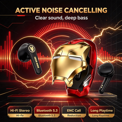 Marvel Iron Man TWS Wireless Earbuds, Cool Helmet Shape Bluetooth Earphones, Touch Control Gaming Headset with Charging Case, Trendy Gift for Marvel Fans