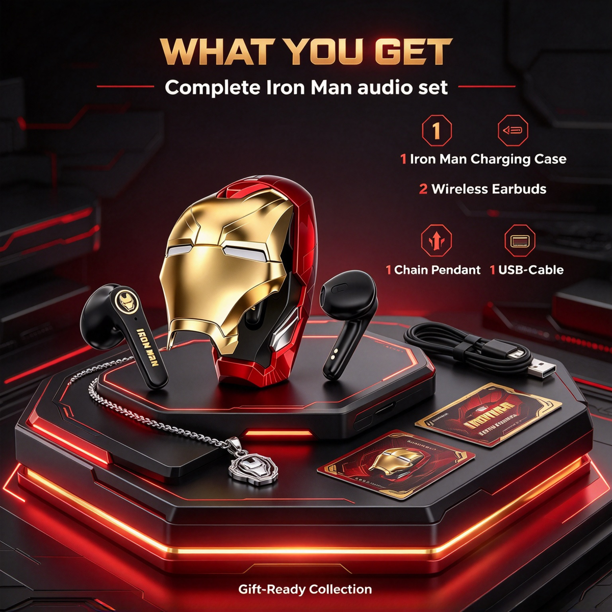 Marvel Iron Man TWS Wireless Earbuds, Cool Helmet Shape Bluetooth Earphones, Touch Control Gaming Headset with Charging Case, Trendy Gift for Marvel Fans