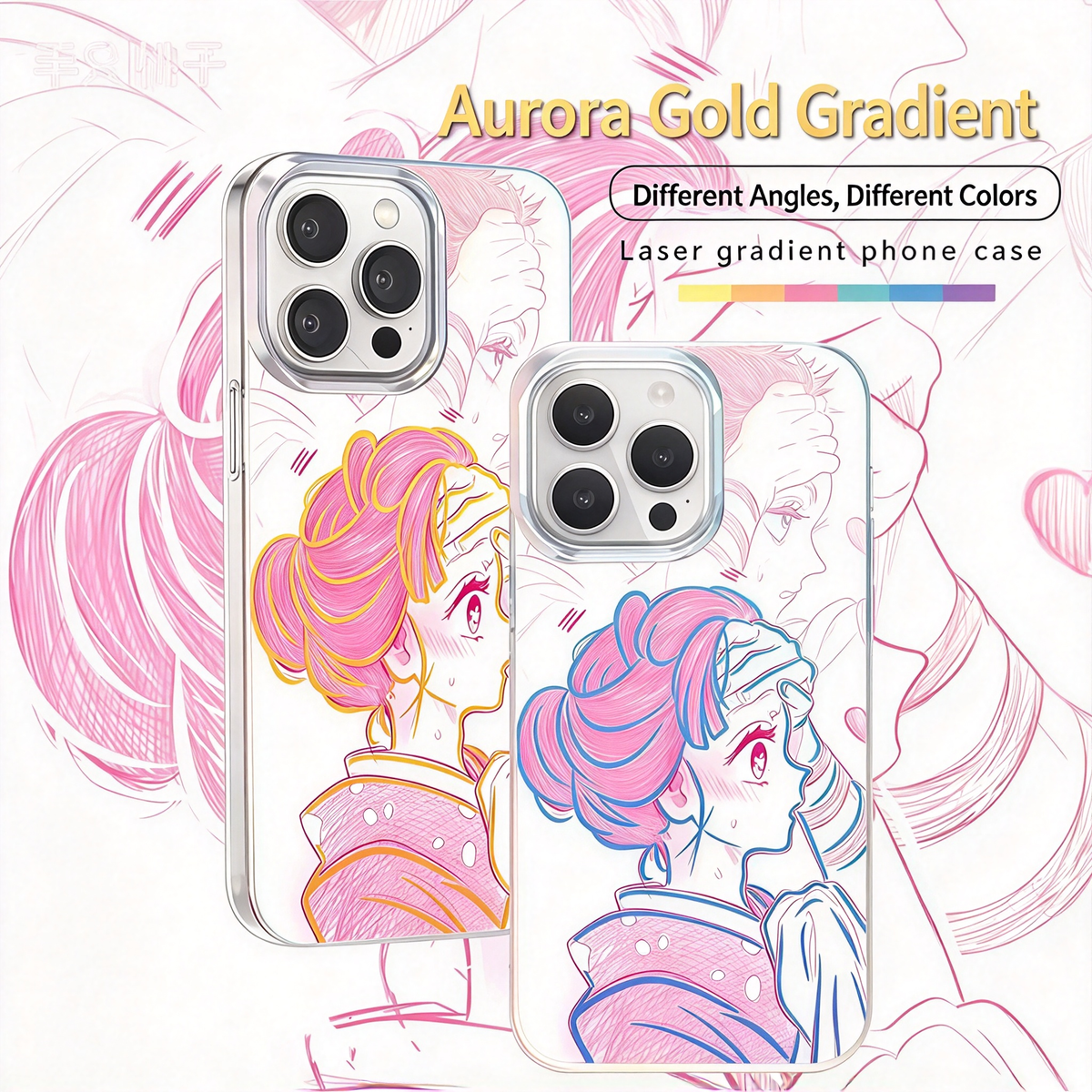 Demon Slayer Anime Couple Sketch Phone Case for iPhone, 2 Pack Aurora Gradient Clear Protective Cover, Romantic Demon Slayer Character Case, Gift for Anime Fans