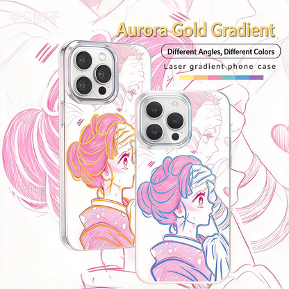 Demon Slayer Anime Couple Sketch Phone Case for iPhone, 2 Pack Aurora Gradient Clear Protective Cover, Romantic Demon Slayer Character Case, Gift for Anime Fans