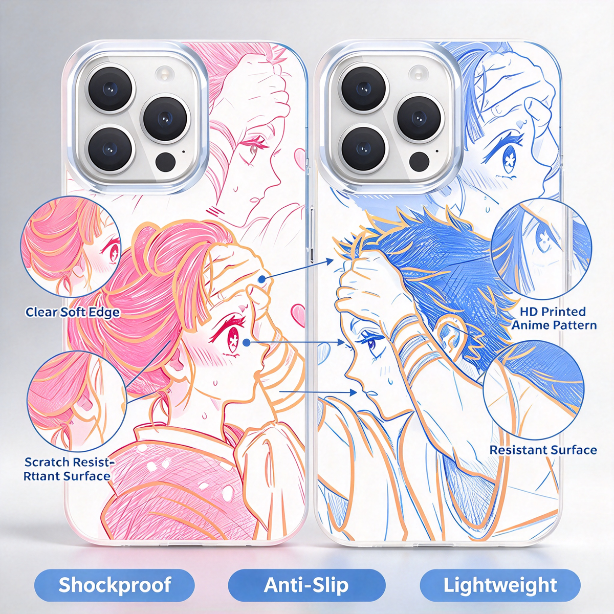 Demon Slayer Anime Couple Sketch Phone Case for iPhone, 2 Pack Aurora Gradient Clear Protective Cover, Romantic Demon Slayer Character Case, Gift for Anime Fans