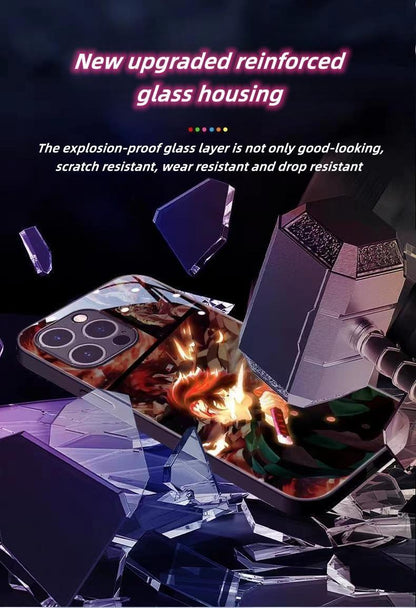 `Demon Slayer Anime Light Up Phone Case, Smart Sound Activated Flash Glowing Glass Back Cover, Shockproof Protective Phone Case for iPhone, Anime Tanjiro Zenitsu Case Gift`