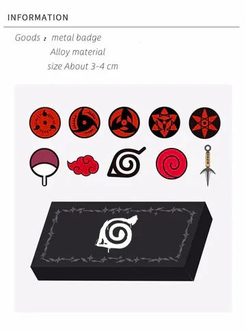 Naruto Anime Sharingan Metal Pin Badge Set, Leaf Village Symbol Akatsuki Cloud Uchiha Brooch Collection Box, Ninja Kunai Pendant, Cosplay Lapel Pins, Collectible Gift for Naruto Anime Fans Teens Adults