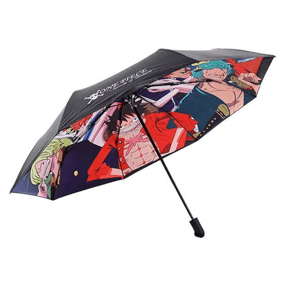 One Piece Anime Folding Umbrella, Luffy Zoro Ace Straw Hat Crew Printed Compact Rain Sun Umbrella, Portable Auto Open Close Parasol, Anime Merch Gift for One Piece Fans