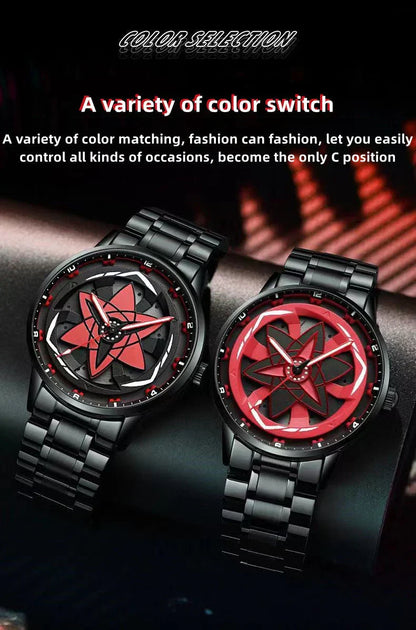 Naruto Sharingan Anime Watch for Men, Uchiha Sasuke Madara Rotating Sharingan Dial Wrist Watch, Stainless Steel Band Quartz Watch, Anime Cosplay Accessory, Collectible Gift for Naruto Fans