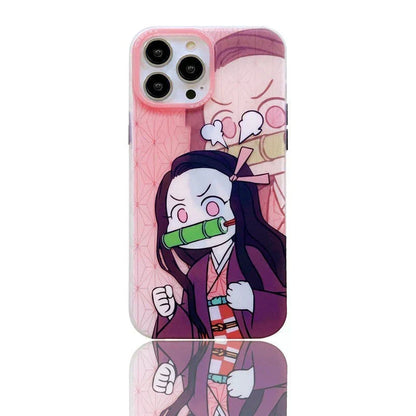 Demon Slayer Cute Chibi Tanjiro Nezuko Phone Case, Kawaii Cartoon Anime Protective Cover, Soft Shockproof Silicone Phone Shell for iPhone, Demon Slayer Manga Fan Merch Gift