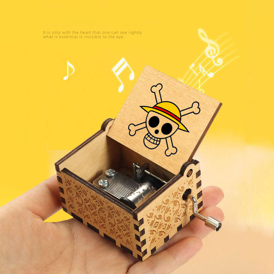 One Piece Anime Hand Crank Wooden Music Box, Straw Hat Pirates Luffy Crew Print Lid Engraved Musical Box, Classic Anime Theme Song, Manual Hand Crank No Battery, Anime Collectible Desk Decor Gift for Fans