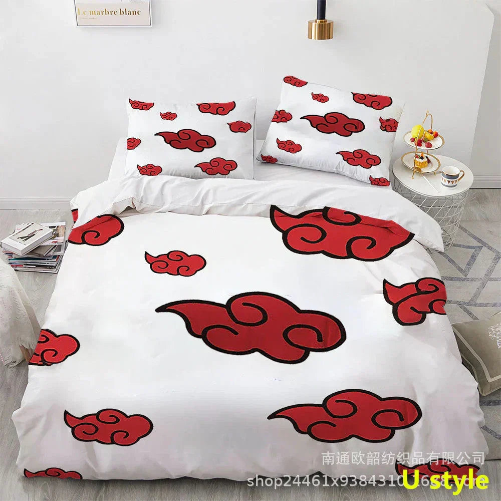 Naruto Anime Bedding Set, 3D Print Duvet Cover with Pillowcases, Akatsuki Red Cloud Comforter Cover Set, Soft Microfiber Bed Sheets, Bedroom Decor Gift for Naruto Fans