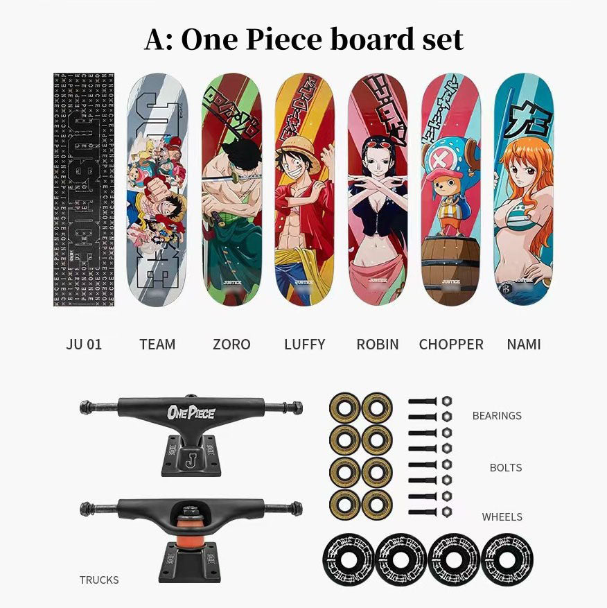 One Piece Anime Complete Skateboard Set, 7 Layer Maple Double Kick Skate Board, Luffy Zoro Sanji Nami Chopper Print Skateboard, Anime Collectible Skateboard for Teens Adults, One Piece Fan Gift