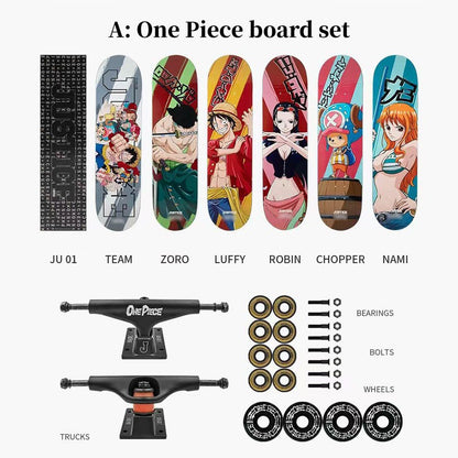 One Piece Anime Complete Skateboard Set, 7 Layer Maple Double Kick Skate Board, Luffy Zoro Sanji Nami Chopper Print Skateboard, Anime Collectible Skateboard for Teens Adults, One Piece Fan Gift