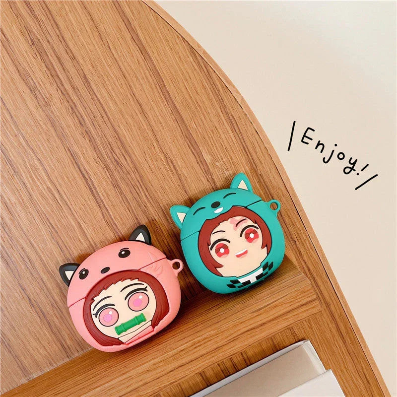 Demon Slayer Anime Airpods Case, Cute 3D Cartoon Silicone Protective Cover for AirPods 1/2, AirPods Pro 1/2, Tanjiro Nezuko Zenitsu Earphone Skin, Shockproof Earbud Case with Keychain, Anime Fan Gift