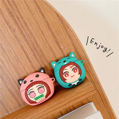 Demon Slayer Anime Airpods Case, Cute 3D Cartoon Silicone Protective Cover for AirPods 1/2, AirPods Pro 1/2, Tanjiro Nezuko Zenitsu Earphone Skin, Shockproof Earbud Case with Keychain, Anime Fan Gift