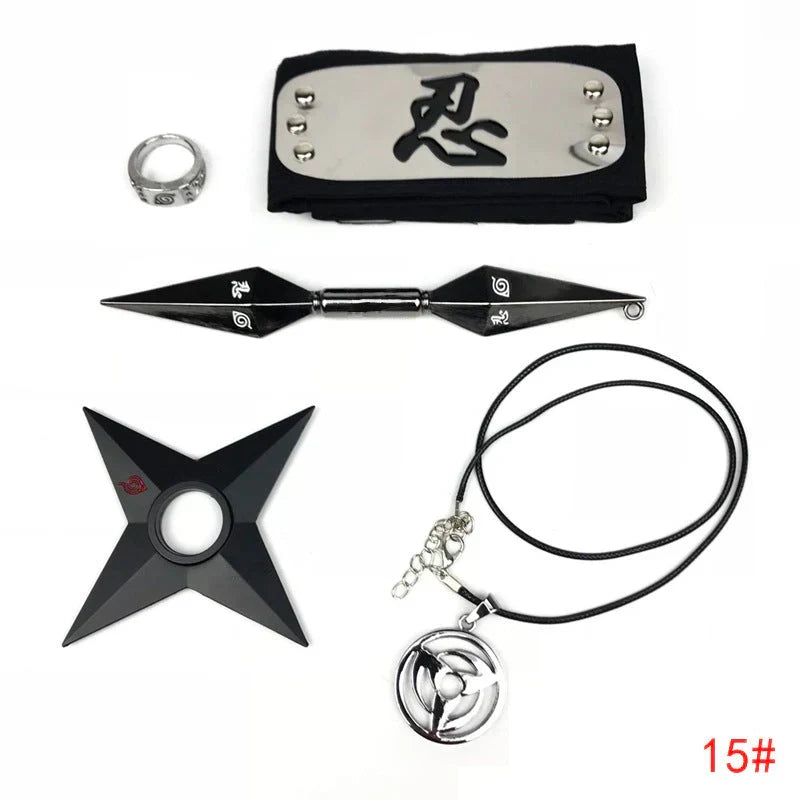 Naruto Cosplay Accessories Set, Metal Kunai Shuriken Leaf Village Headband, Sharingan Ring Necklace, Anime Ninja Prop Kit, Naruto Costume Collection Gift for Fans