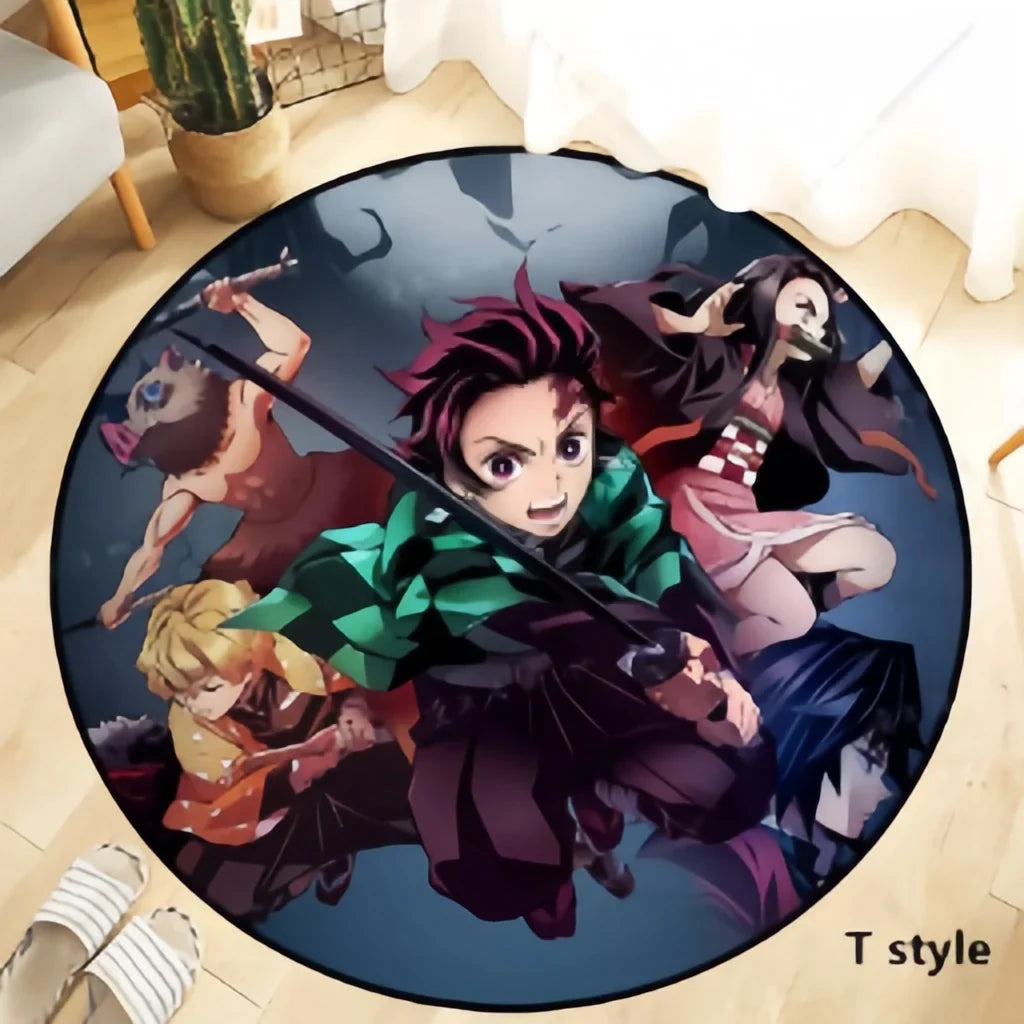 Demon Slayer Round Non-Slip Rug, Kimetsu no Yaiba Anime Character Circular Floor Mat, Soft Decorative Area Rug, Anti-Skid Carpet for Bedroom Living Room Entrance, Anime Merch Gift for Demon Slayer Fans