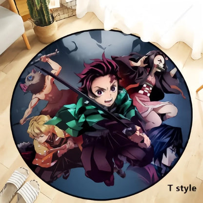 Demon Slayer Round Non-Slip Rug, Kimetsu no Yaiba Anime Character Circular Floor Mat, Soft Decorative Area Rug, Anti-Skid Carpet for Bedroom Living Room Entrance, Anime Merch Gift for Demon Slayer Fans