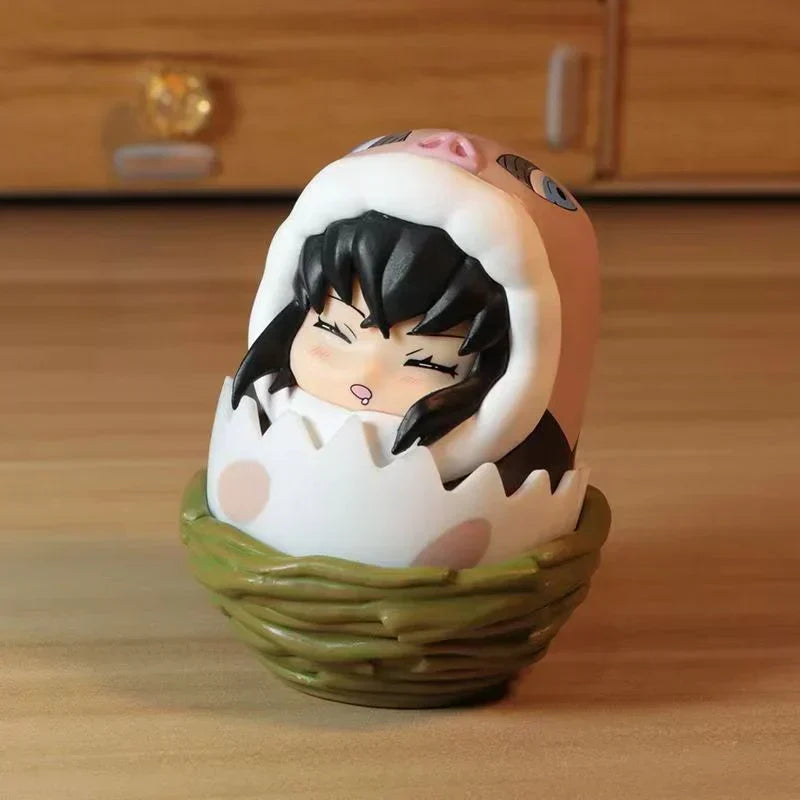 Demon Slayer Eggshell Tumbler Figure, Q Version Tanjiro Nezuko Zenitsu Inosuke Roly-poly Toy, Anime Character Mini Figurine with Nest Base, Desktop Decor Collectible Statue, Demon Slayer Fan Gift