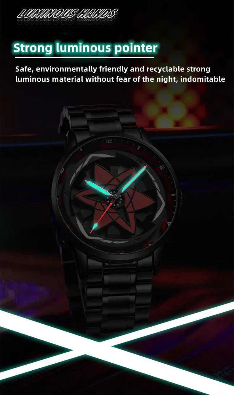 Naruto Sharingan Anime Watch for Men, Uchiha Sasuke Madara Rotating Sharingan Dial Wrist Watch, Stainless Steel Band Quartz Watch, Anime Cosplay Accessory, Collectible Gift for Naruto Fans