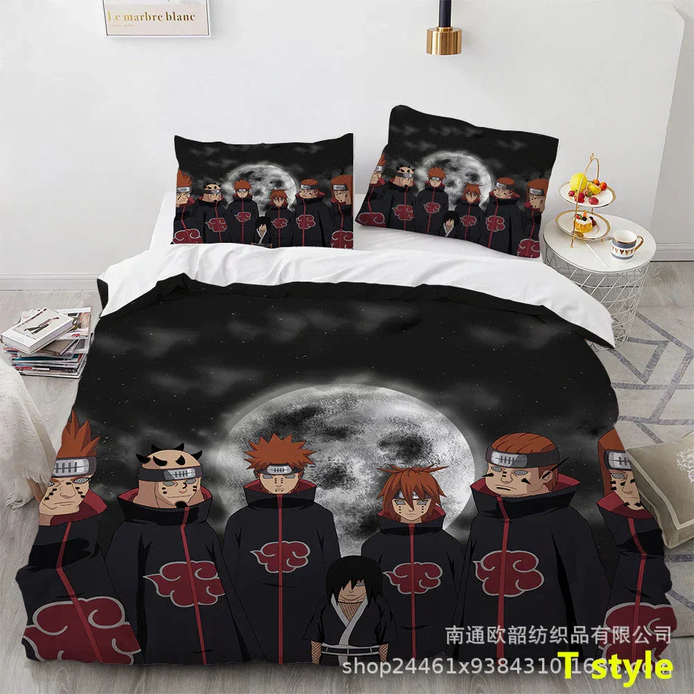 Naruto Anime Bedding Set, 3D Print Duvet Cover with Pillowcases, Akatsuki Red Cloud Comforter Cover Set, Soft Microfiber Bed Sheets, Bedroom Decor Gift for Naruto Fans