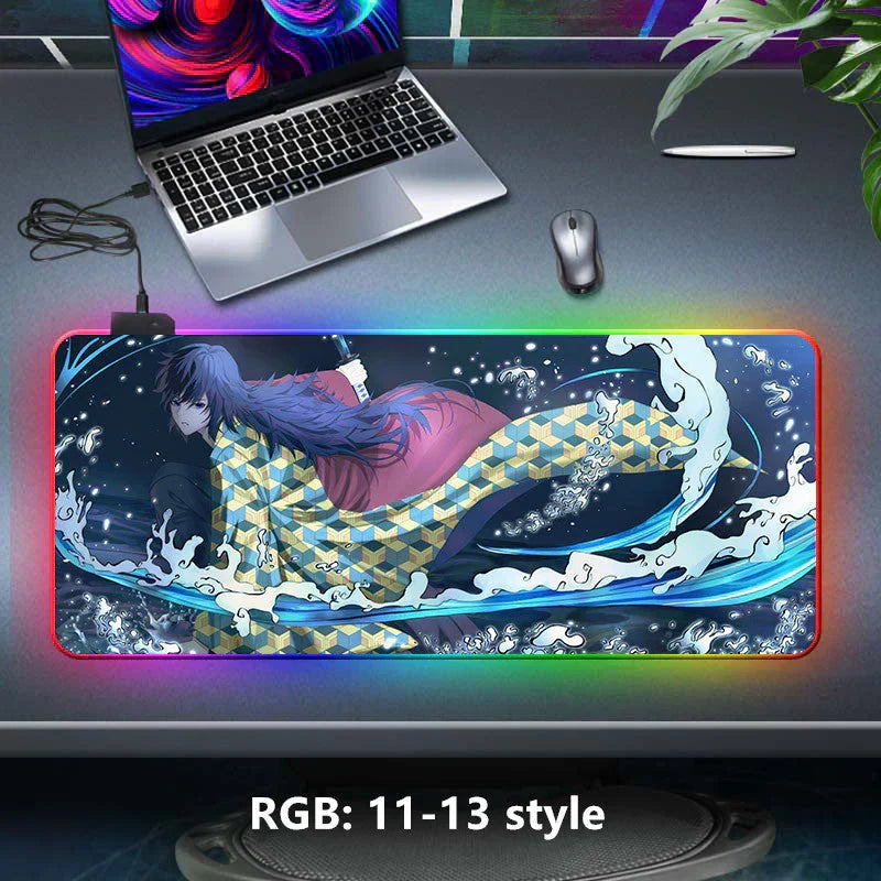 Demon Slayer RGB Gaming Mouse Pad, Large Extended Anime Desk Mat, LED Glowing Non-Slip Rubber Keyboard Pad, Multiple Nezuko Tanjiro Designs, Waterproof Desk Pad for PC Gamers