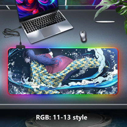 Demon Slayer RGB Gaming Mouse Pad, Large Extended Anime Desk Mat, LED Glowing Non-Slip Rubber Keyboard Pad, Multiple Nezuko Tanjiro Designs, Waterproof Desk Pad for PC Gamers