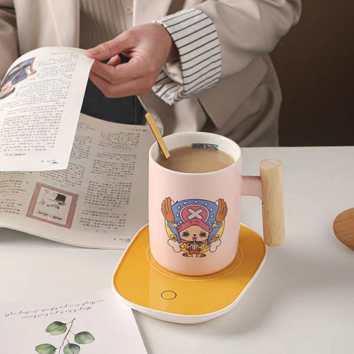 One Piece Anime Ceramic Mug with Wooden Handle, Luffy Chopper Zoro Cartoon Coffee Cup with Bamboo Lid & Spoon, Anime Water Cup Gift Set for One Piece Fans