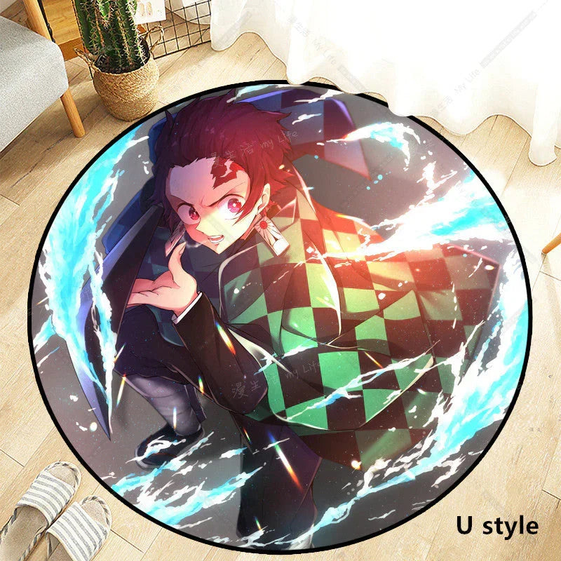 Demon Slayer Round Non-Slip Rug, Kimetsu no Yaiba Anime Character Circular Floor Mat, Soft Decorative Area Rug, Anti-Skid Carpet for Bedroom Living Room Entrance, Anime Merch Gift for Demon Slayer Fans