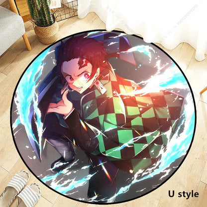 Demon Slayer Round Non-Slip Rug, Kimetsu no Yaiba Anime Character Circular Floor Mat, Soft Decorative Area Rug, Anti-Skid Carpet for Bedroom Living Room Entrance, Anime Merch Gift for Demon Slayer Fans