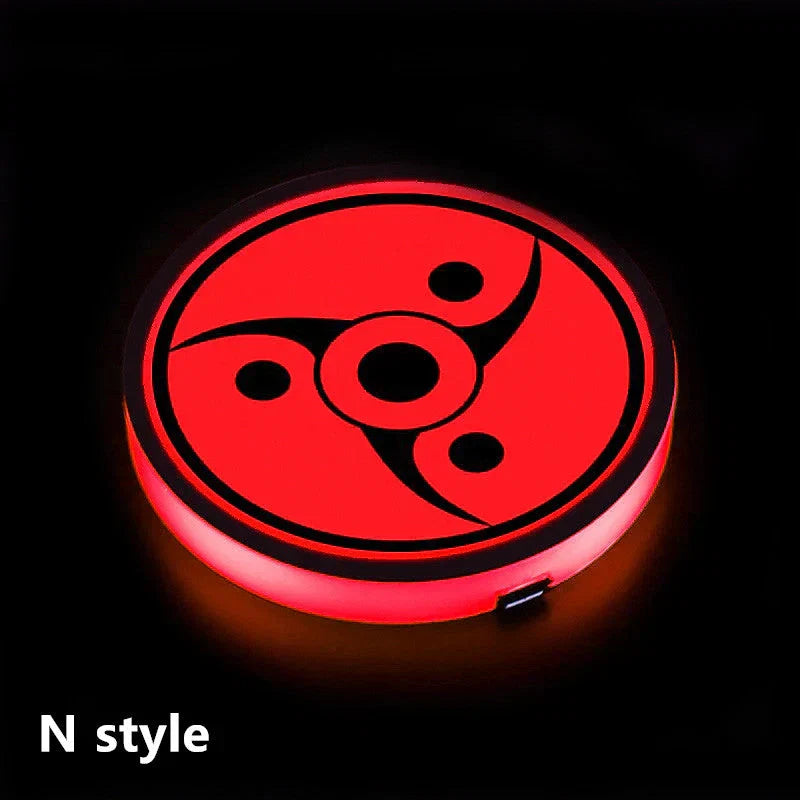 Naruto One Piece Car Accessory Gift，Anime Sharingan LED Car Cup Holder Coaster, Intelligent Sensor Light Up Cup Mat, USB Rechargeable, Multi-Color Changing Car Interior Decor.
