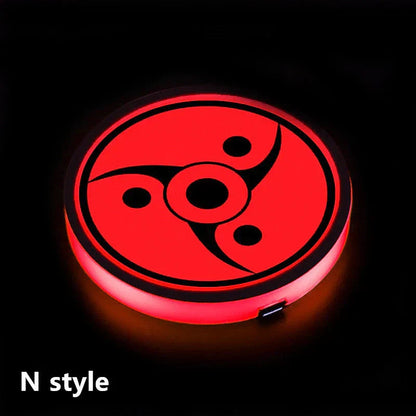 Naruto One Piece Car Accessory Gift，Anime Sharingan LED Car Cup Holder Coaster, Intelligent Sensor Light Up Cup Mat, USB Rechargeable, Multi-Color Changing Car Interior Decor.