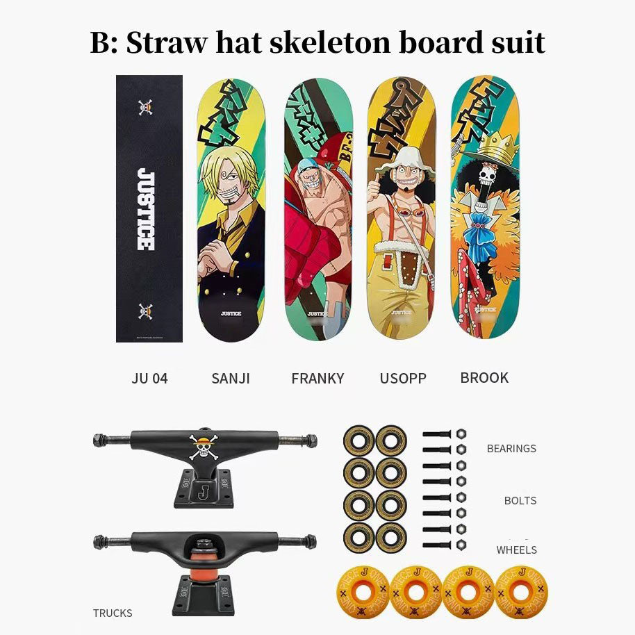 One Piece Anime Complete Skateboard Set, 7 Layer Maple Double Kick Skate Board, Luffy Zoro Sanji Nami Chopper Print Skateboard, Anime Collectible Skateboard for Teens Adults, One Piece Fan Gift