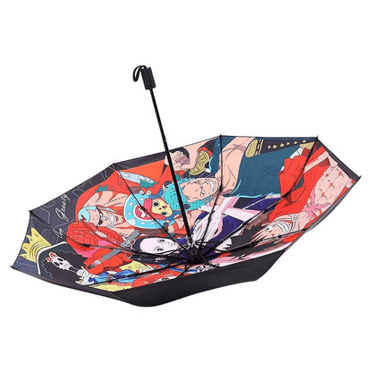 One Piece Anime Folding Umbrella, Luffy Zoro Ace Straw Hat Crew Printed Compact Rain Sun Umbrella, Portable Auto Open Close Parasol, Anime Merch Gift for One Piece Fans