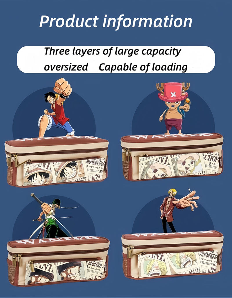 One Piece Anime Pencil Case, Luffy Zoro Sanji Chopper Wanted Poster Large Capacity Pen Bag, Multi-layer Canvas Stationery Storage Pouch, Anime School Supplies Gift for One Piece Fans