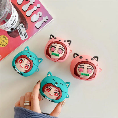 Demon Slayer Anime Airpods Case, Cute 3D Cartoon Silicone Protective Cover for AirPods 1/2, AirPods Pro 1/2, Tanjiro Nezuko Zenitsu Earphone Skin, Shockproof Earbud Case with Keychain, Anime Fan Gift