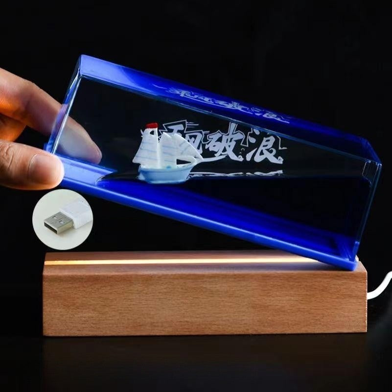 Liquid Wave Ship Resin Desk Ornament, Floating Boat in Fluid Sea Paperweight, Acrylic Dynamic Ocean Wave Ship Display Decor, Unique Nautical Souvenir Gift for Desk Home Decoration