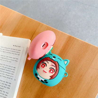 Demon Slayer Anime Airpods Case, Cute 3D Cartoon Silicone Protective Cover for AirPods 1/2, AirPods Pro 1/2, Tanjiro Nezuko Zenitsu Earphone Skin, Shockproof Earbud Case with Keychain, Anime Fan Gift