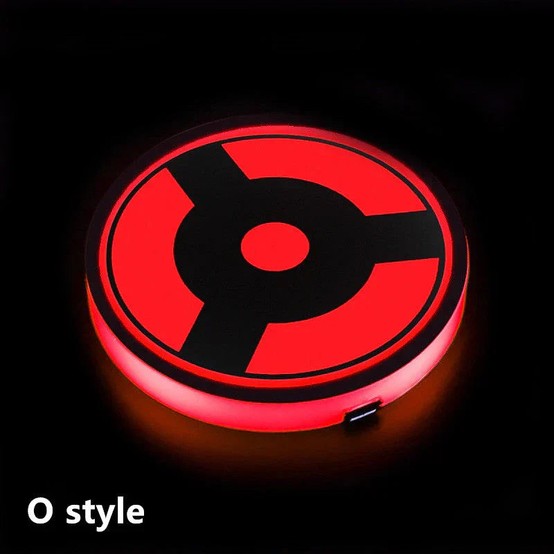 Naruto One Piece Car Accessory Gift，Anime Sharingan LED Car Cup Holder Coaster, Intelligent Sensor Light Up Cup Mat, USB Rechargeable, Multi-Color Changing Car Interior Decor.