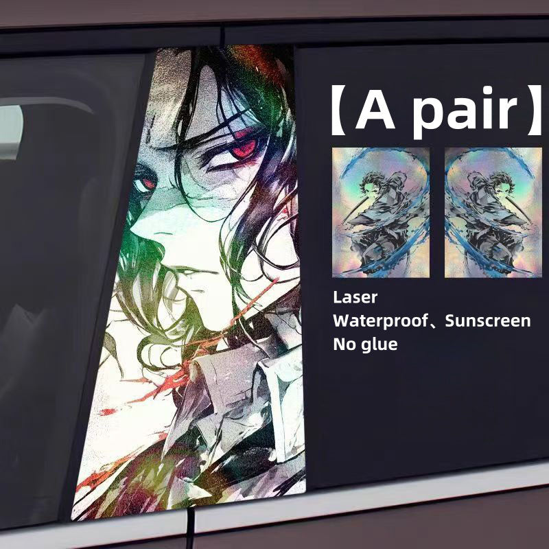 Demon Slayer Anime Car Window Pillar Decals, Laser Holographic Anime Character Car B Column Stickers, Waterproof PET Car Center Pillar Decor Stickers, 1 Pair Anime Car Accessories for Demon Slayer Fans